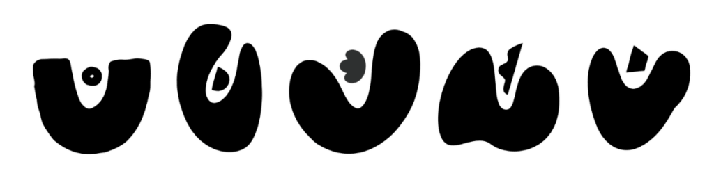U字型のモチーフに小さな図形を組み合わせた、5種類のイラスト構成ラフ（黒のシルエット）